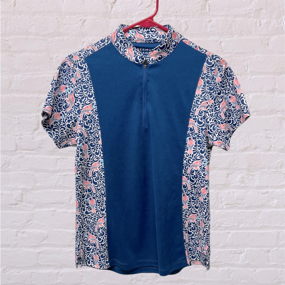 Bermuda Sands Golf Tennis printed blue pink Zip Polo shirt small